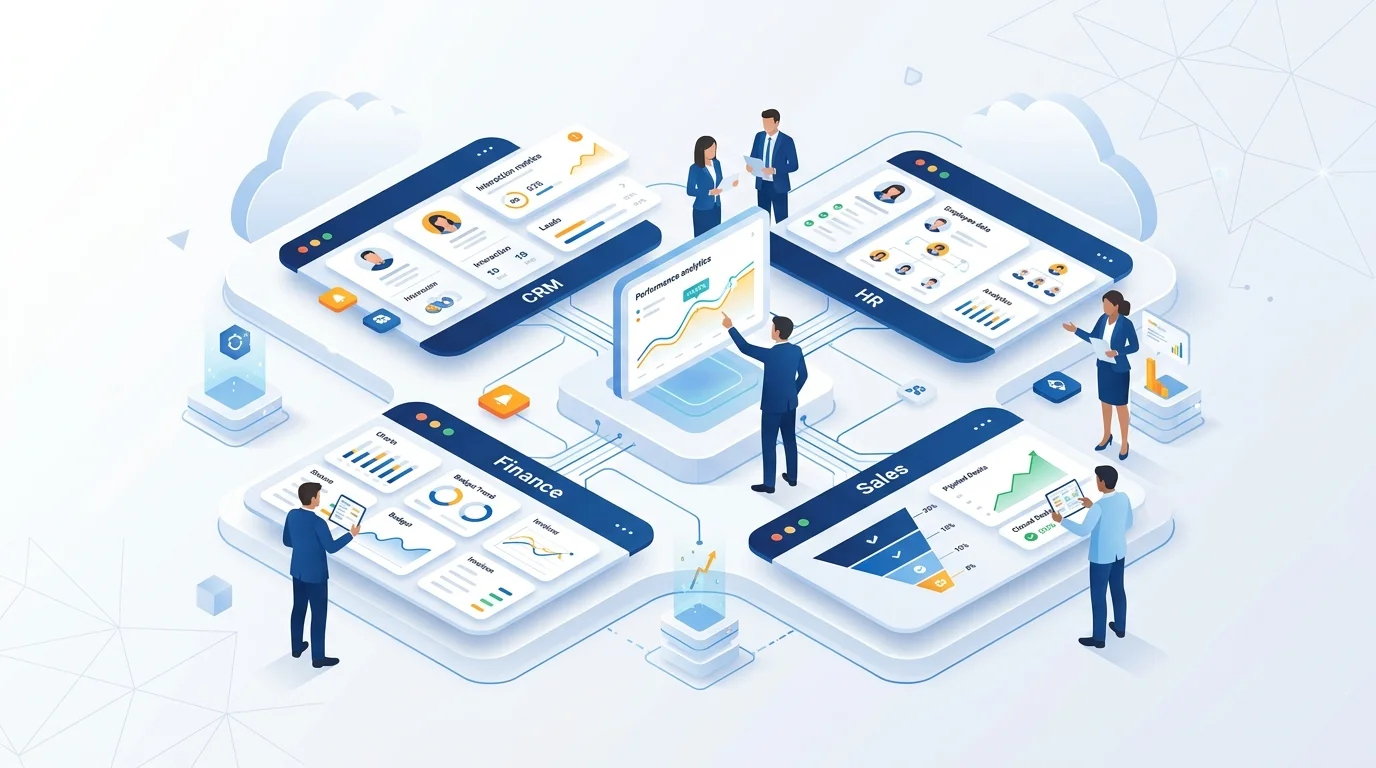 BizProSoft platform with CRM, HR, Sales, and Finance modules
